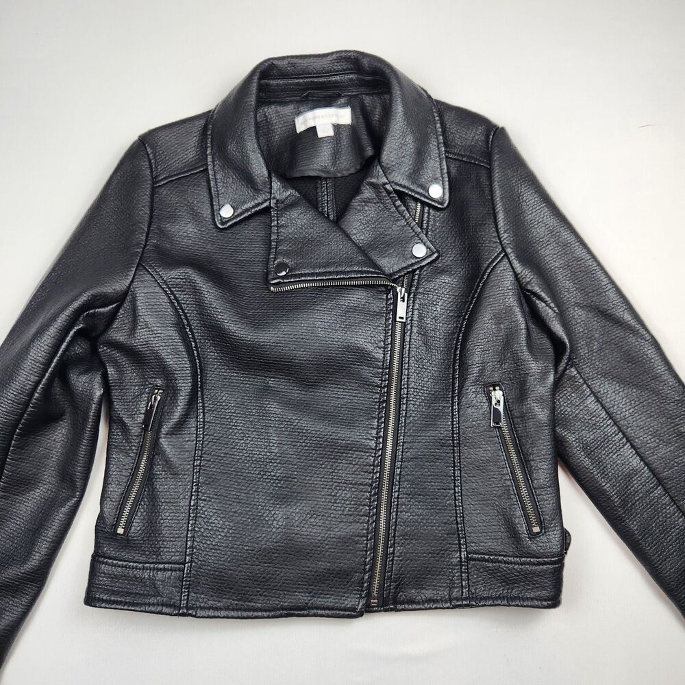 New York & Company Faux Leather Biker Jacket Black Womens M Pebbled Zippers